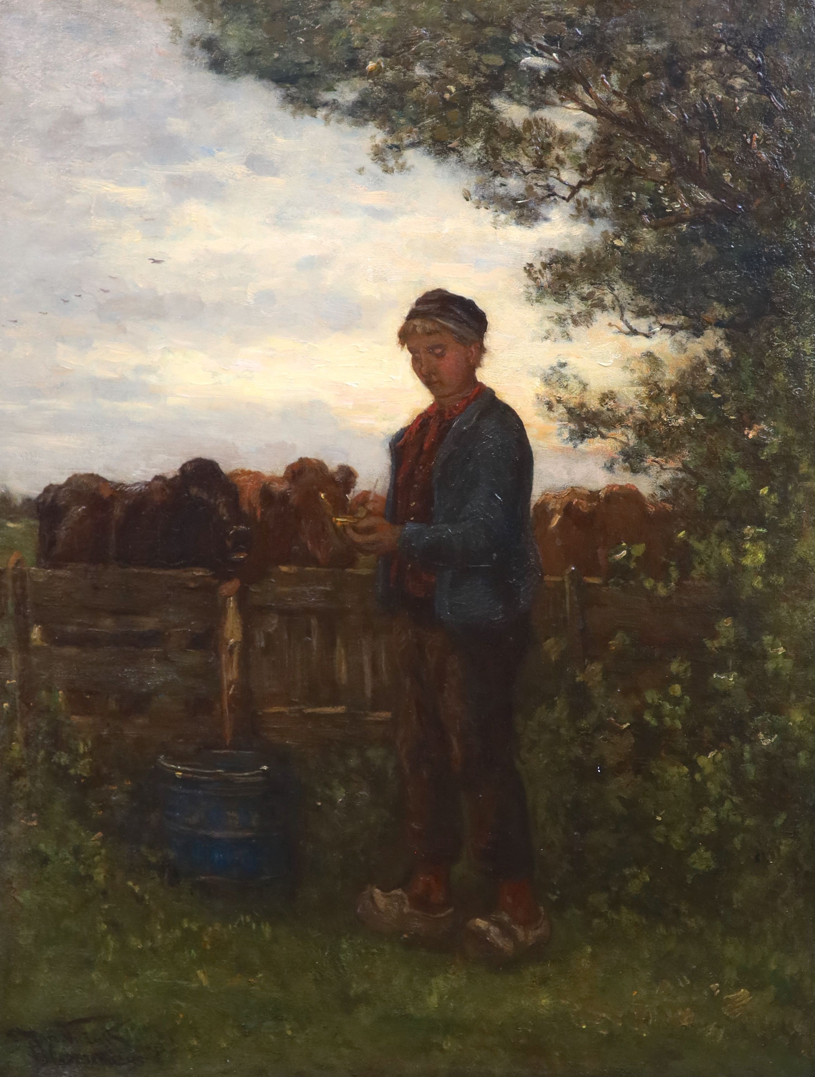 Bernardus Johannes Blommers (Dutch, 1845 - 1914), Farm hand taking a pinch of snuff with calves onlooking, oil on mahogany panel, 63 x 48cm